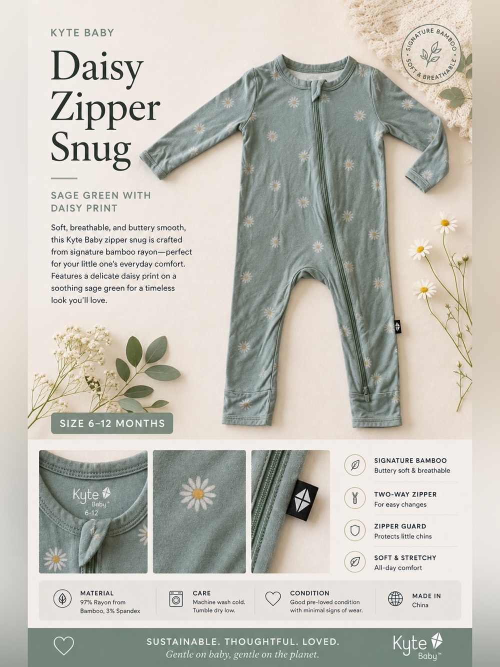 Kyte Baby Daisy Bamboo Zip Romper Sage Green 6-12M